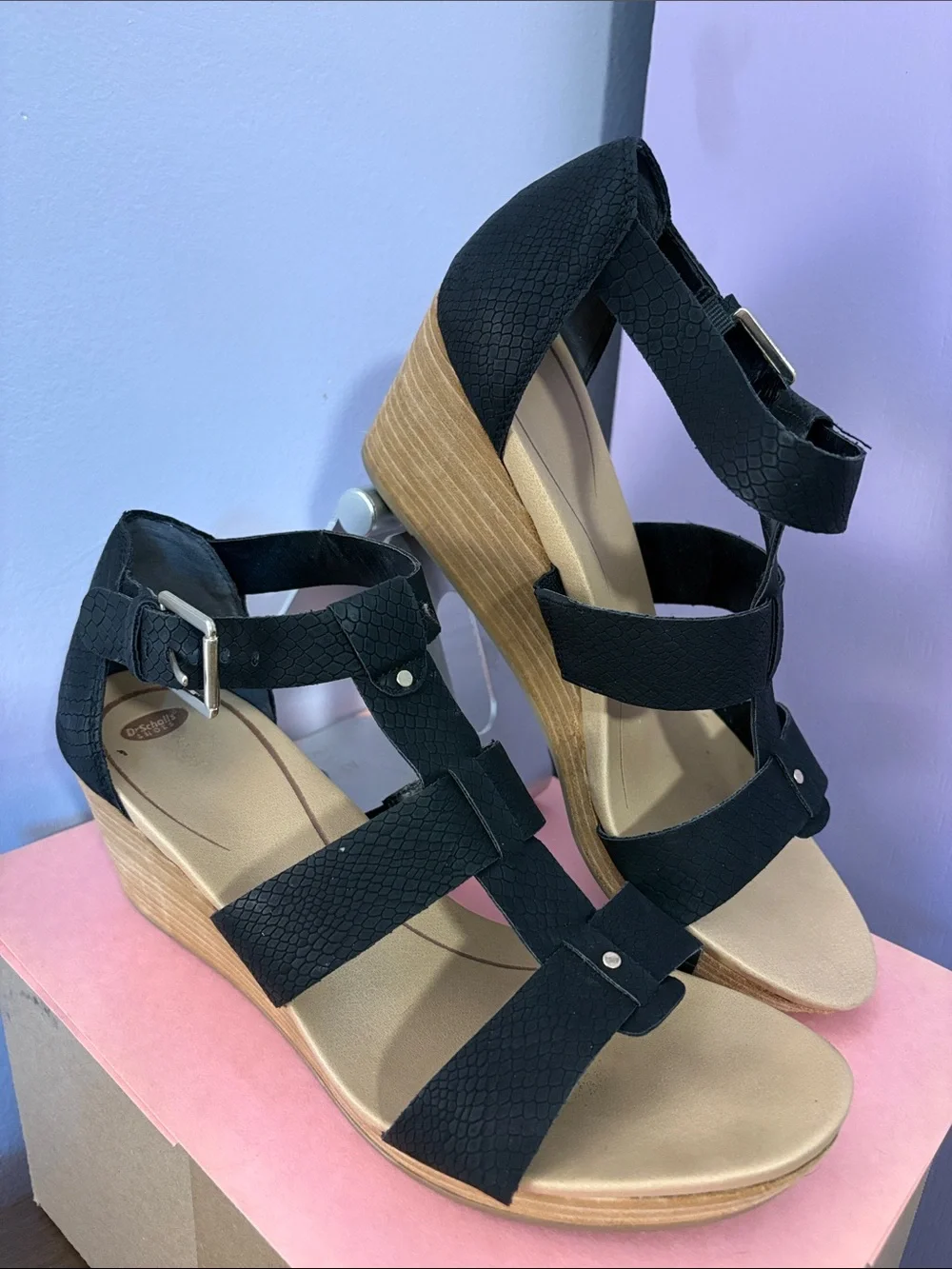 Dr. Scholl's Black Strappy Wedge Sandals with Wood-Tone Heel